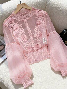 Pink Elegant Women's 3D Floral Patchwork Sheer Lantern Sleeve Cropped Top